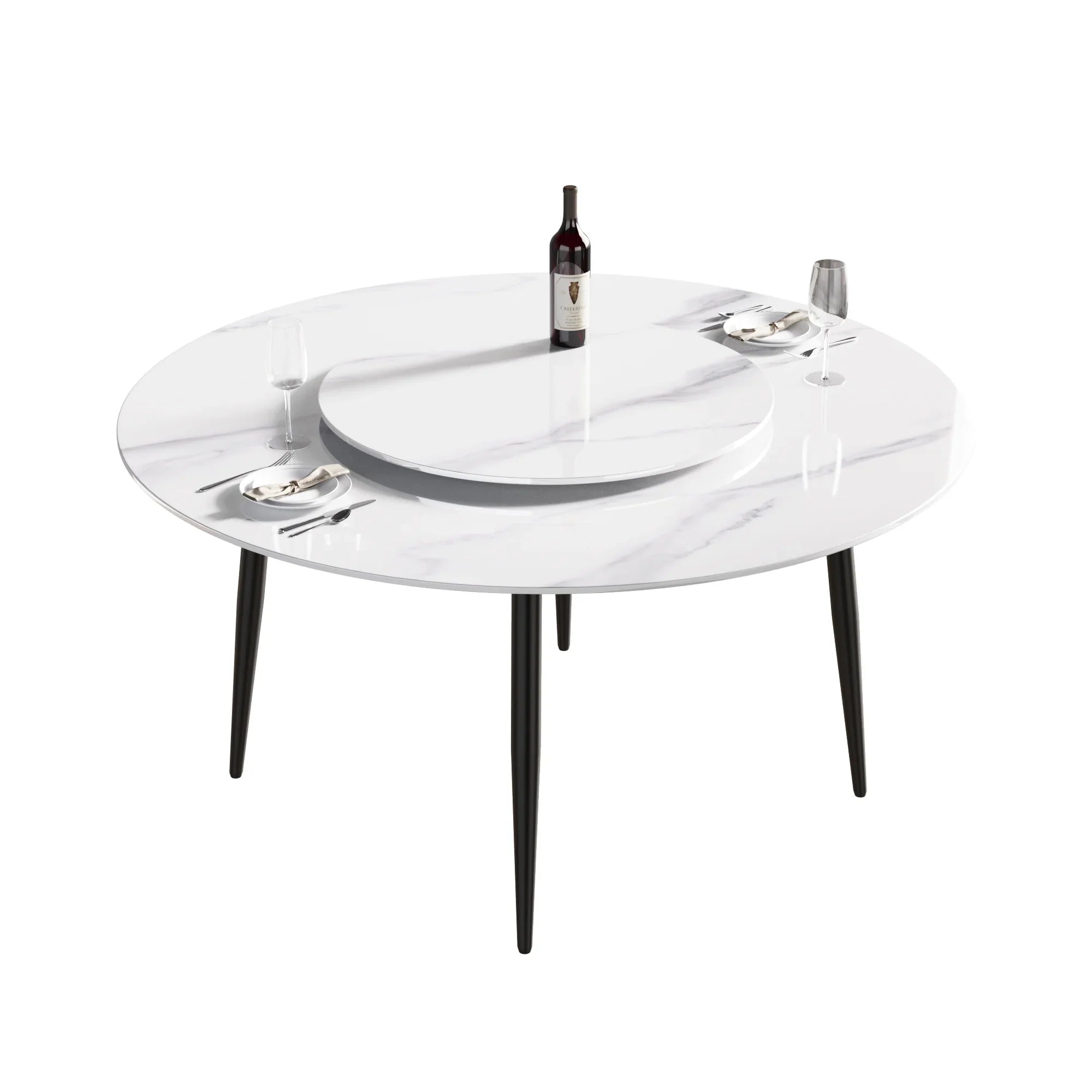 Table de salle à manger Marbella en pierre frittée | Ronde 59 cm, blanc brillant, avec piètement en métal et plateau tournant