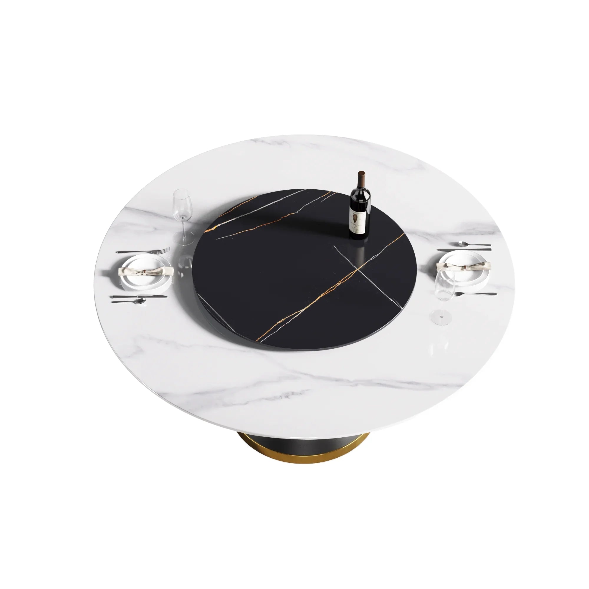 Table de salle à manger Marbella en pierre frittée | Ronde 59 cm, blanc brillant, avec piètement en métal et plateau tournant