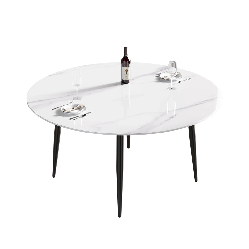 Table de salle à manger Marbella en pierre frittée | Ronde 59 cm, blanc brillant, avec piètement en métal