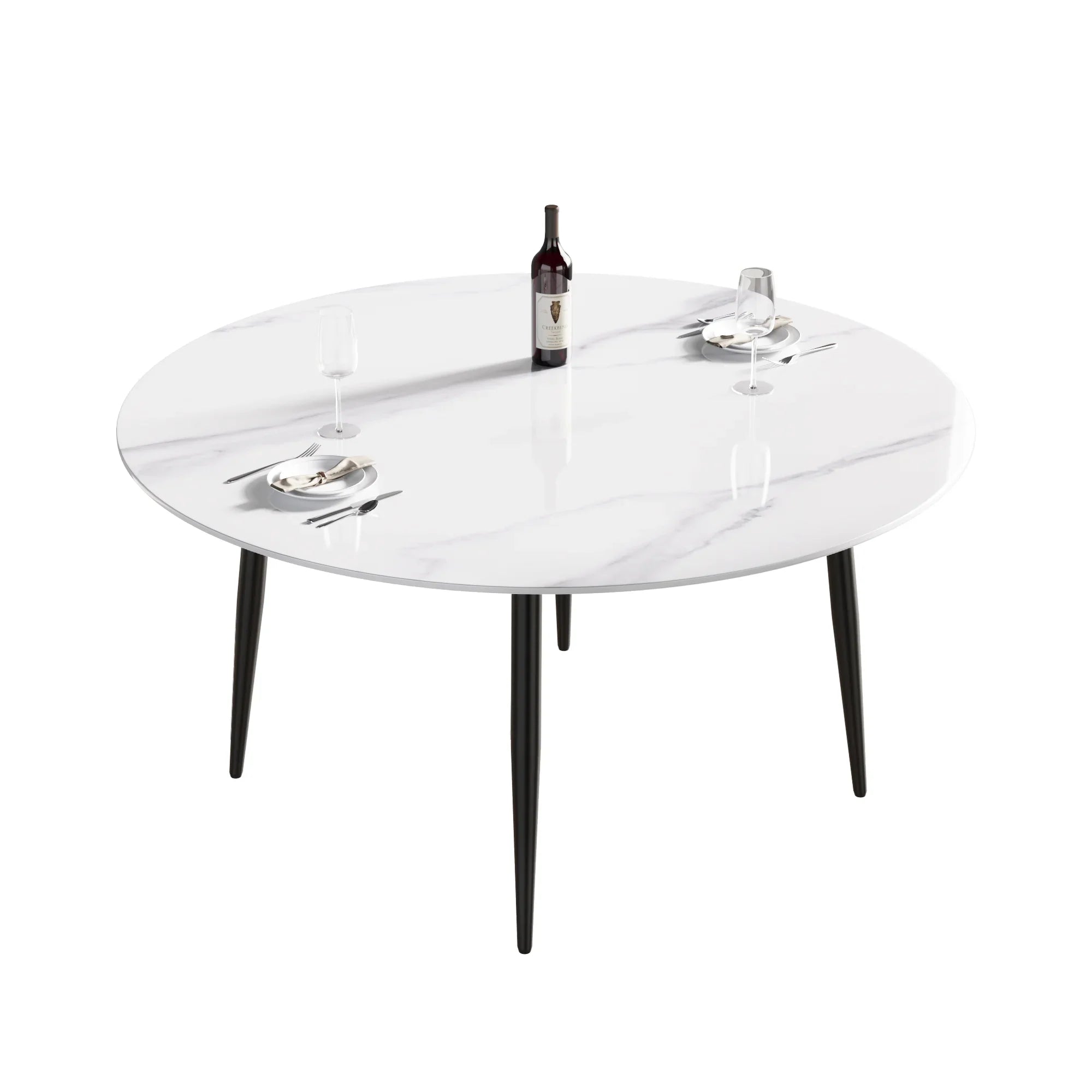 Table de salle à manger Marbella en pierre frittée | Ronde 59 cm, blanc brillant, avec piètement en métal