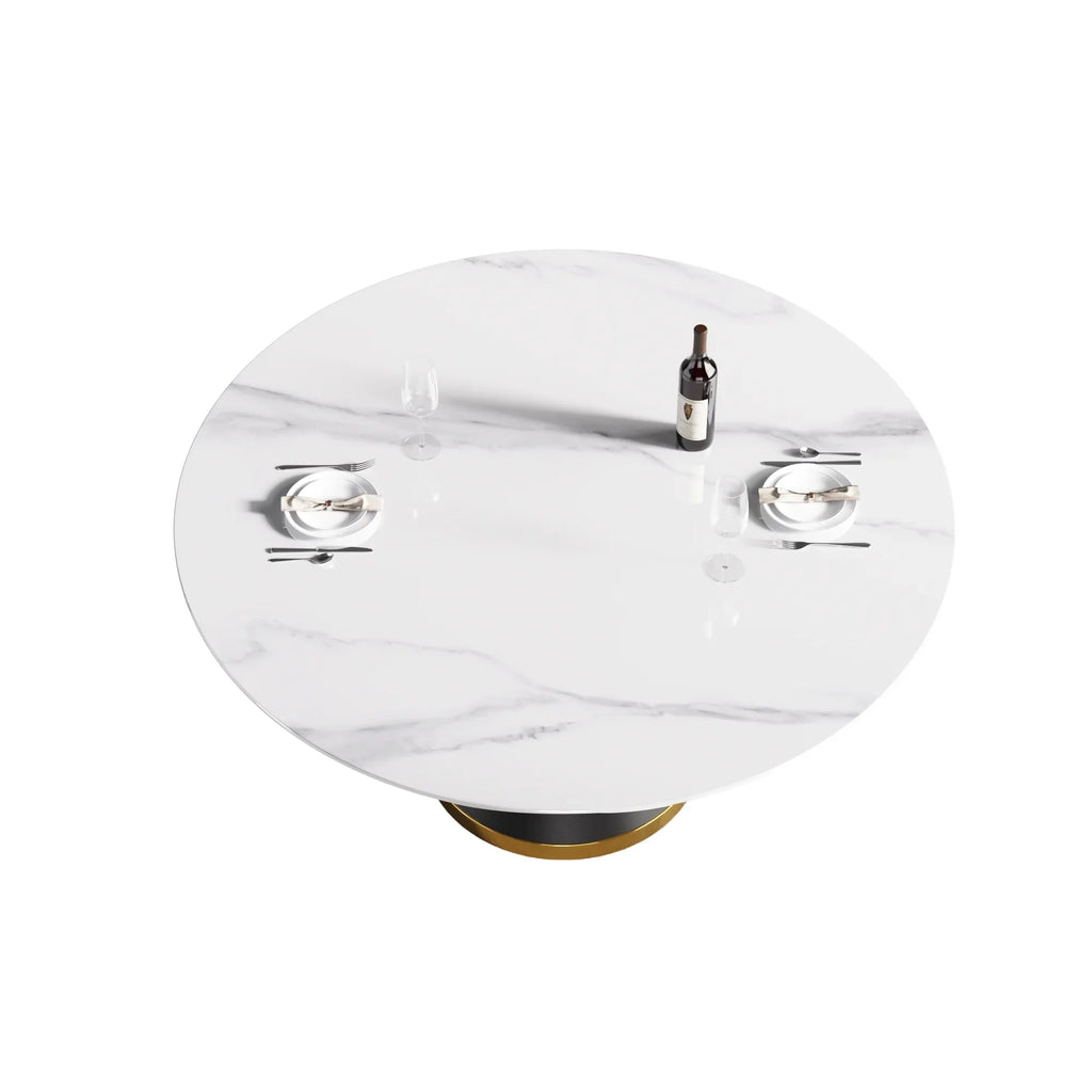 Table de salle à manger Marbella en pierre frittée | Ronde 59 cm, blanc brillant, avec piètement en métal