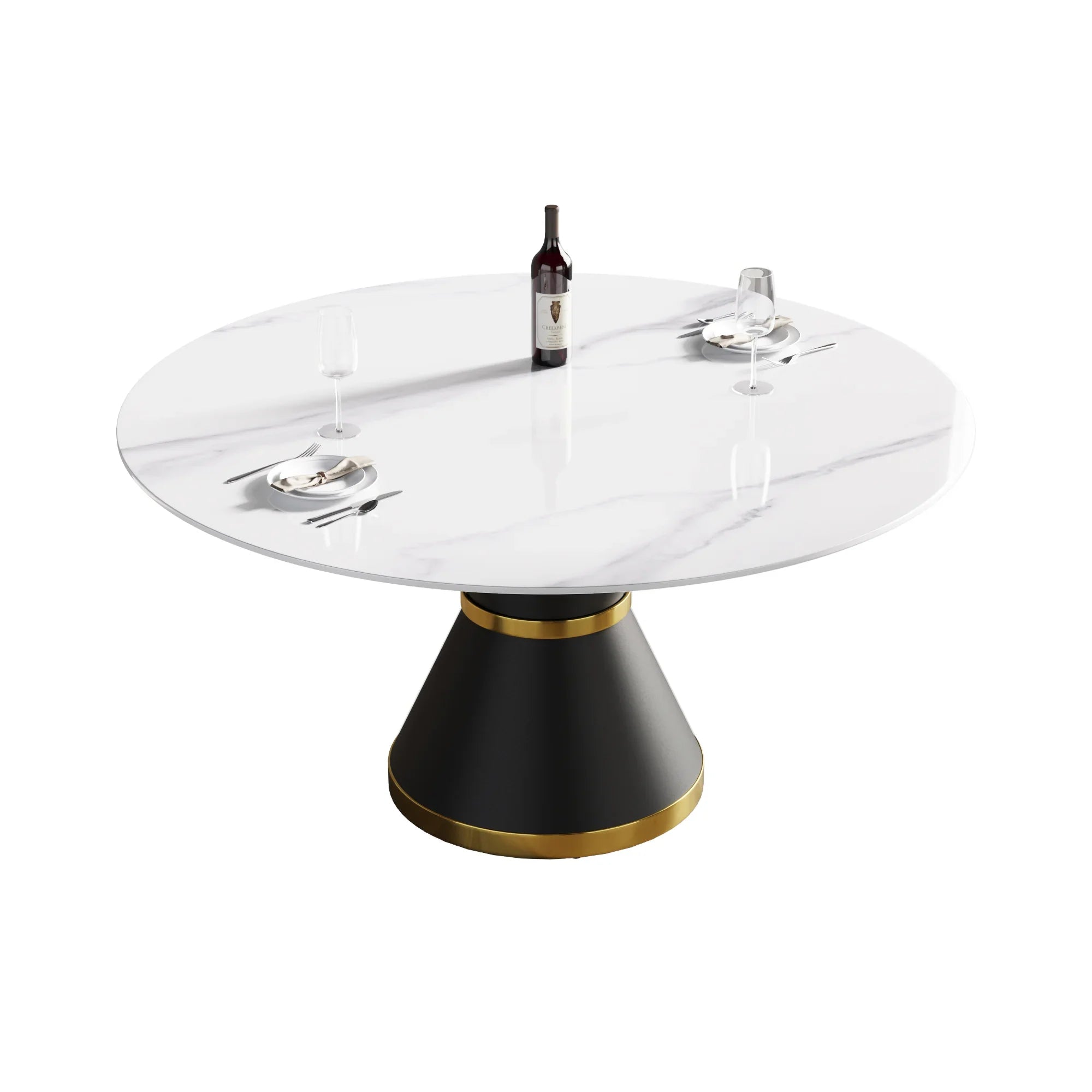 Table de salle à manger Marbella en pierre frittée | Ronde 59 cm, blanc brillant, avec piètement en métal