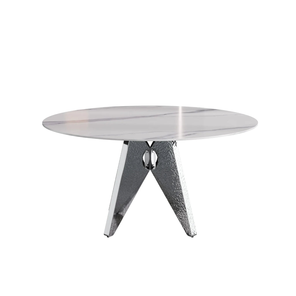 Table de salle à manger Marbella en pierre frittée | Ronde 59 cm, blanc brillant, avec piètement en métal
