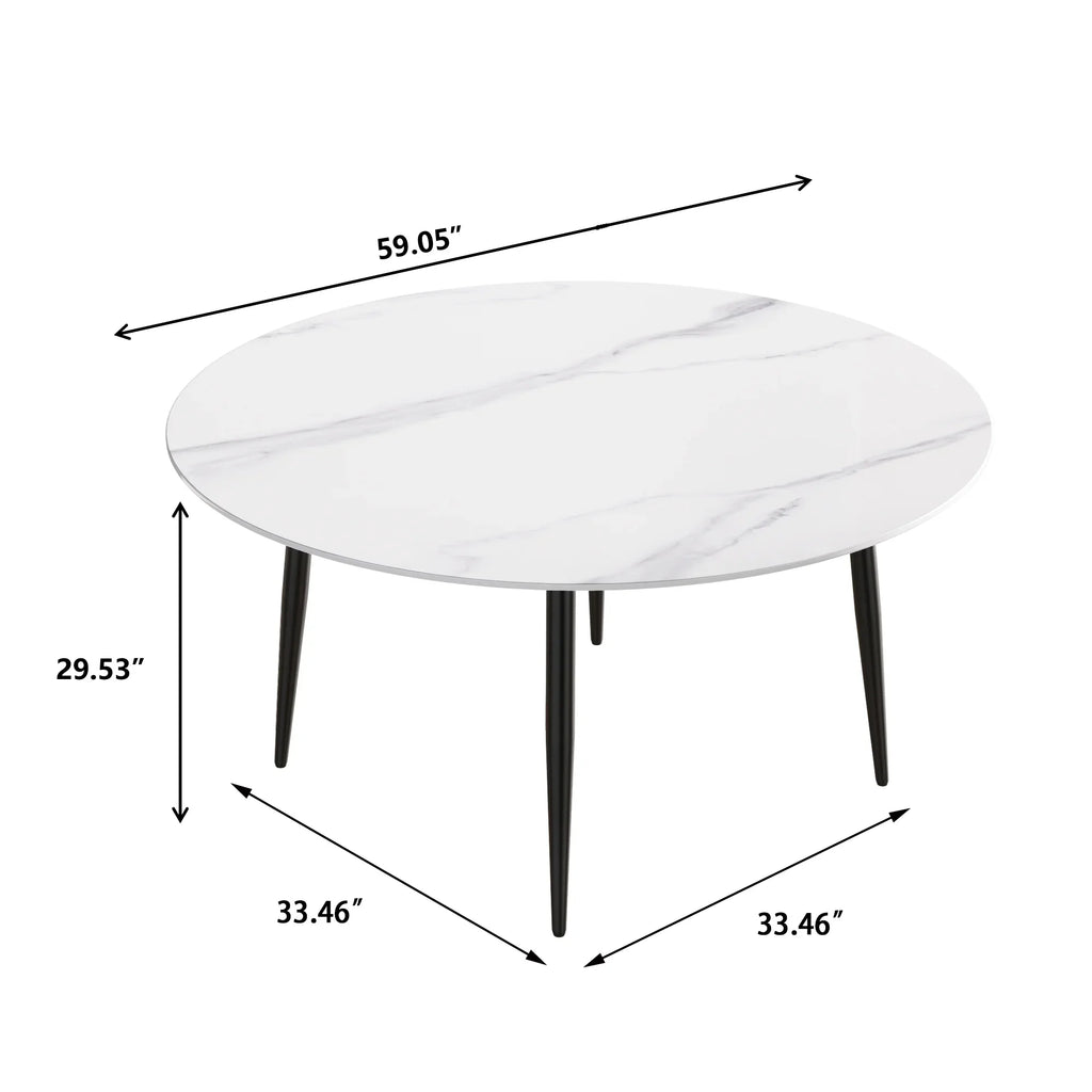 Table de salle à manger Marbella en pierre frittée | Ronde 59 cm, blanc brillant, avec piètement en métal
