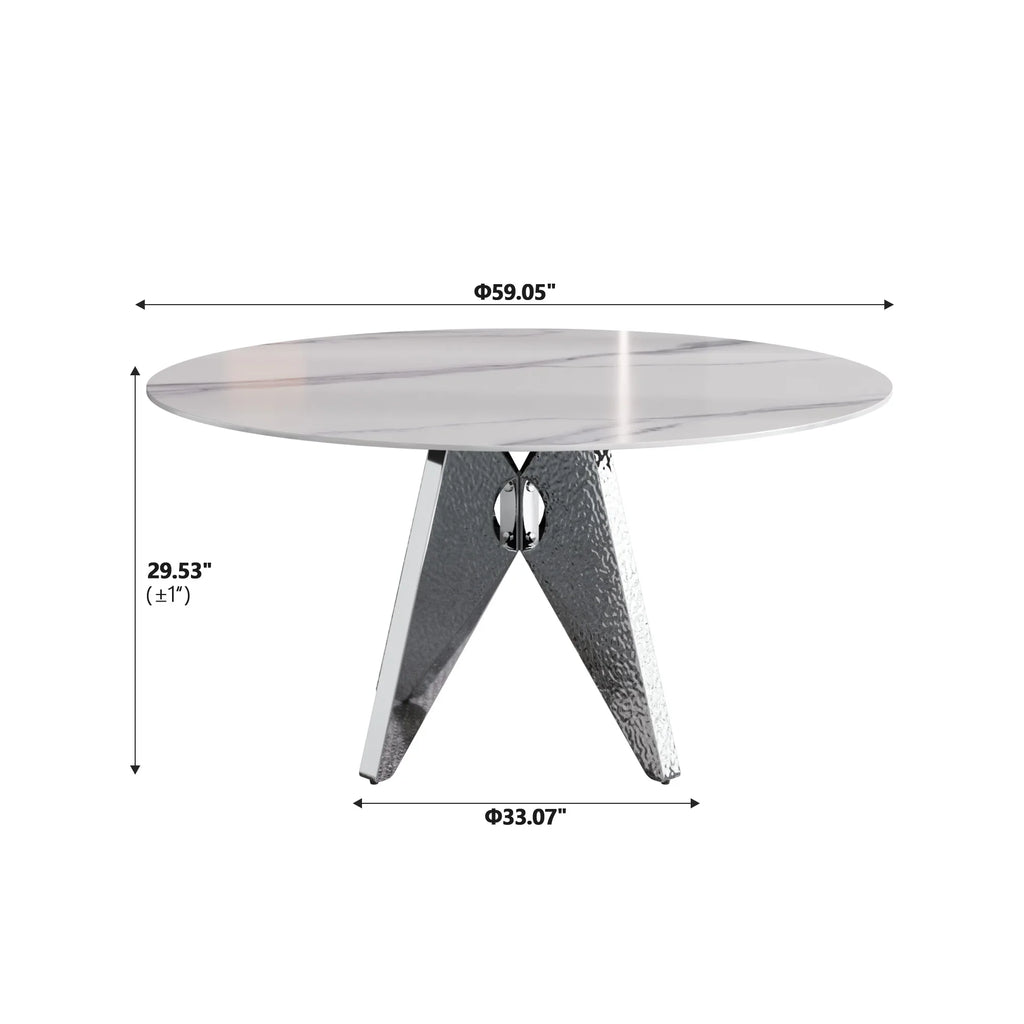 Table de salle à manger Marbella en pierre frittée | Ronde 59 cm, blanc brillant, avec piètement en métal