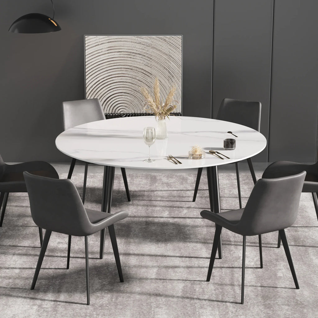 Table de salle à manger Marbella en pierre frittée | Ronde 59 cm, blanc brillant, avec piètement en métal