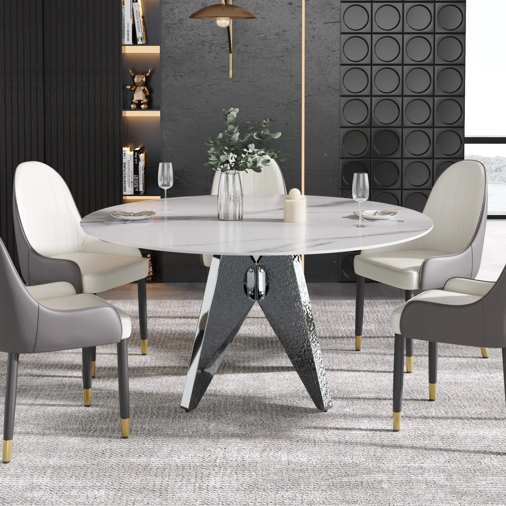 Table de salle à manger Marbella en pierre frittée | Ronde 59 cm, blanc brillant, avec piètement en métal