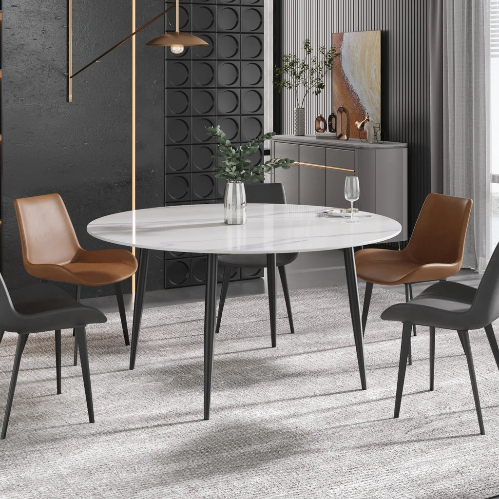 Table de salle à manger Marbella en pierre frittée | Ronde 59 cm, blanc brillant, avec piètement en métal