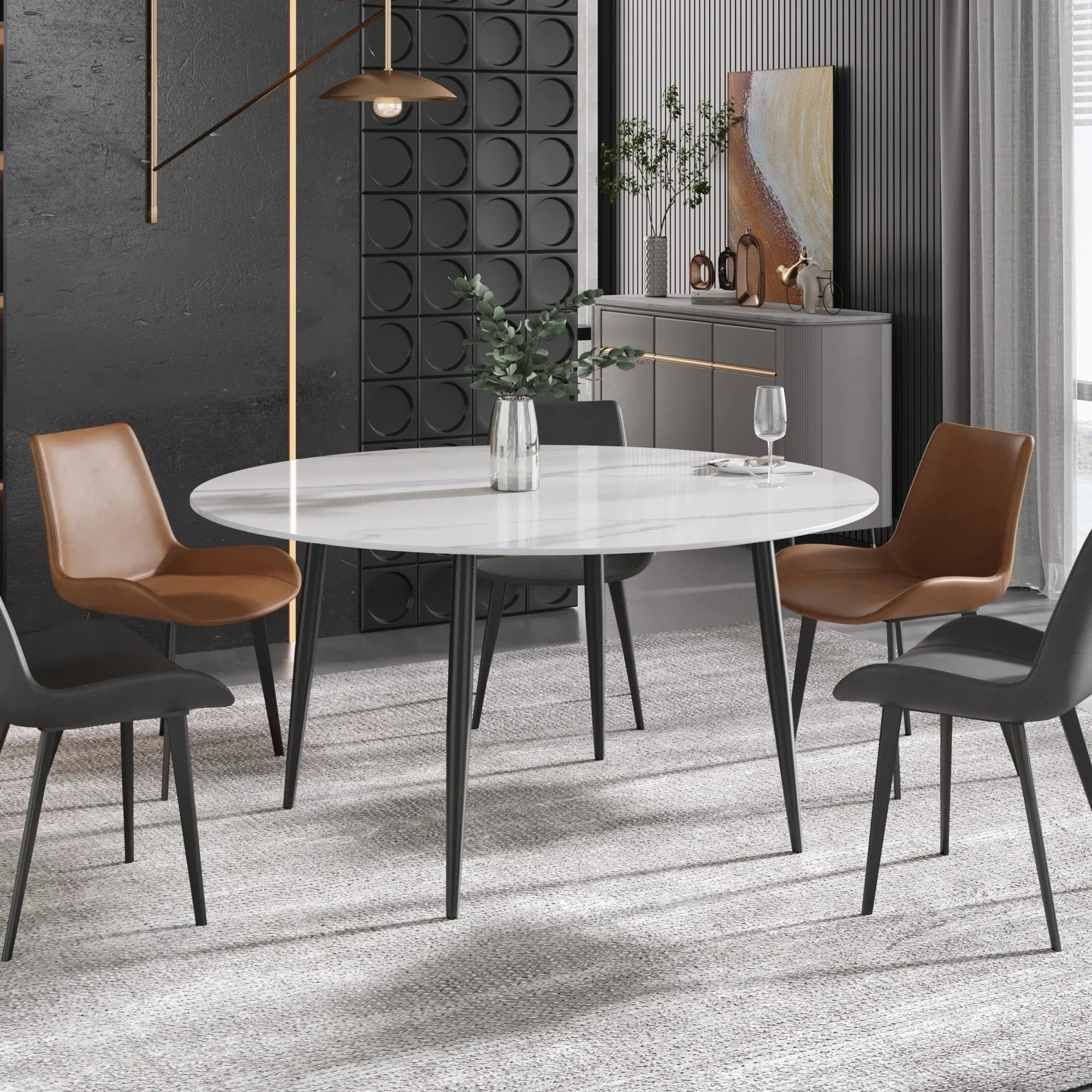 Table de salle à manger Marbella en pierre frittée | Ronde 59 cm, blanc brillant, avec piètement en métal