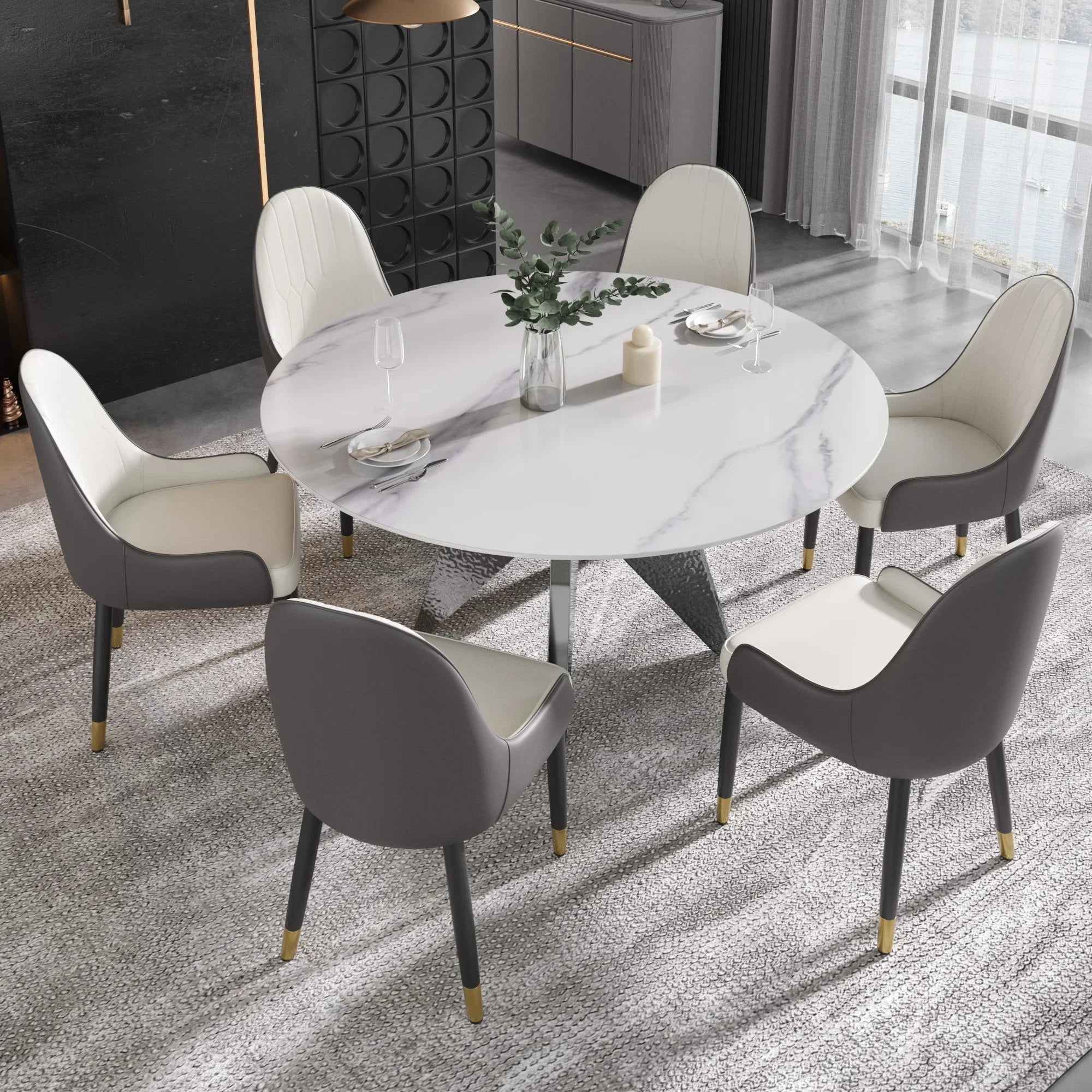 Table de salle à manger Marbella en pierre frittée | Ronde 59 cm, blanc brillant, avec piètement en métal