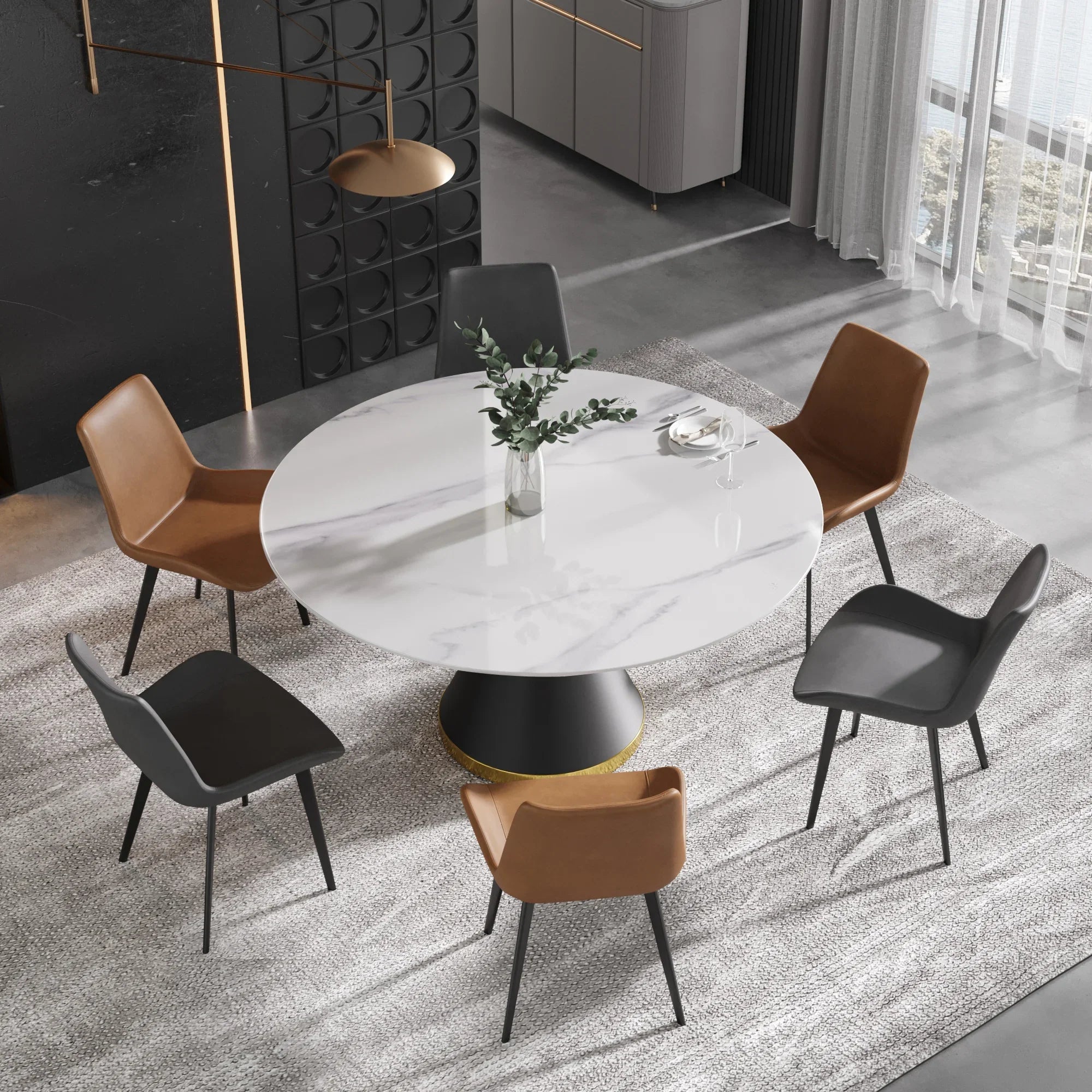 Table de salle à manger Marbella en pierre frittée | Ronde 59 cm, blanc brillant, avec piètement en métal