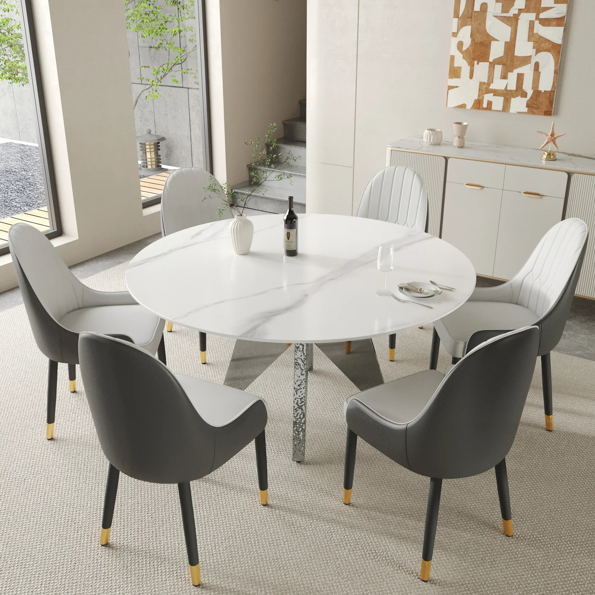 Table de salle à manger Marbella en pierre frittée | Ronde 59 cm, blanc brillant, avec piètement en métal