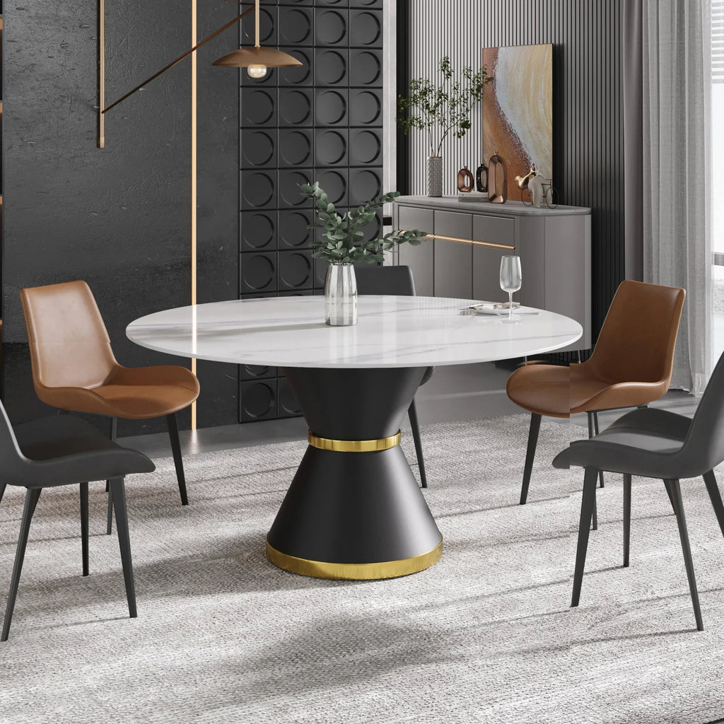 Table de salle à manger Marbella en pierre frittée | Ronde 59 cm, blanc brillant, avec piètement en métal