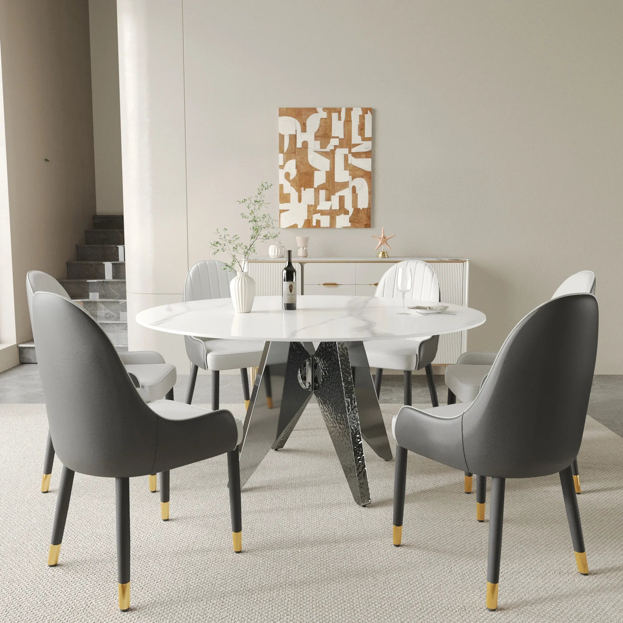 Table de salle à manger Marbella en pierre frittée | Ronde 59 cm, blanc brillant, avec piètement en métal