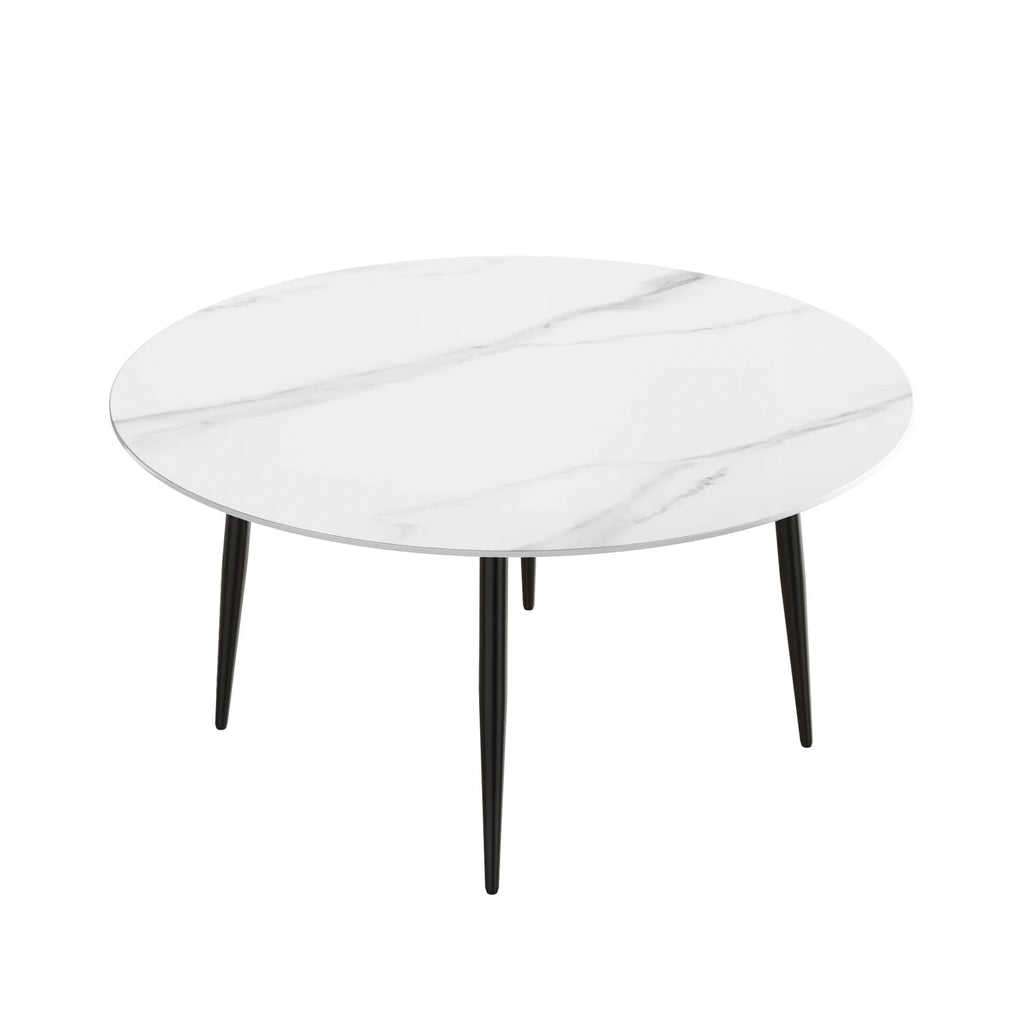 Table de salle à manger Marbella en pierre frittée | Ronde 59 cm, blanc brillant, avec piètement en métal