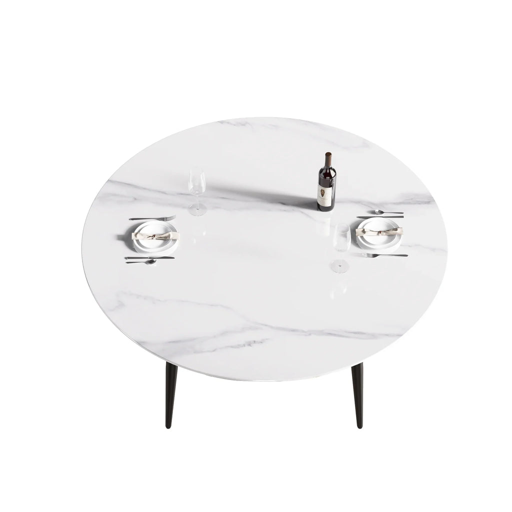 Table de salle à manger Marbella en pierre frittée | Ronde 59 cm, blanc brillant, avec piètement en métal
