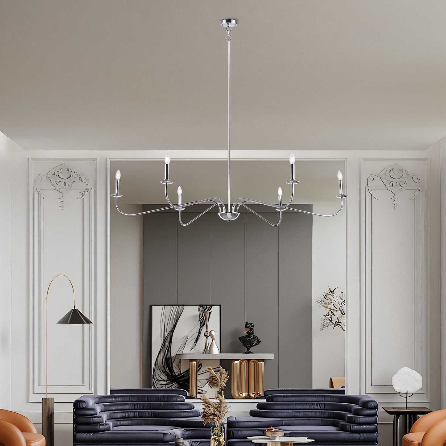 6 Light 64 Inches Minimalist Chandelier in Matte Black / Gold /Chrome - N/A