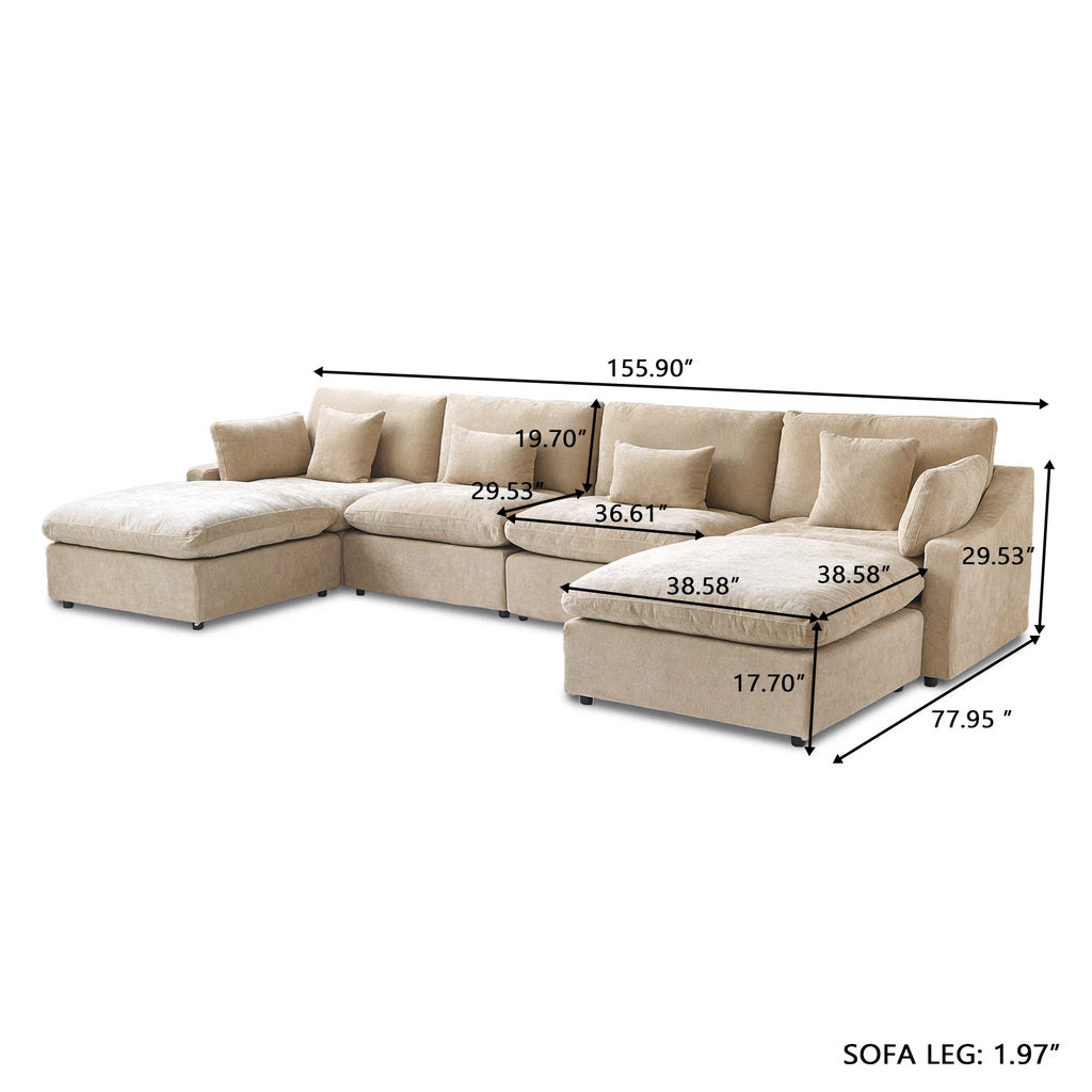 Canapés d'angle Deluxe Slope Cloud | Ensemble de 6 pièces en lin kaki, forme en U, 4 places avec 2 poufs