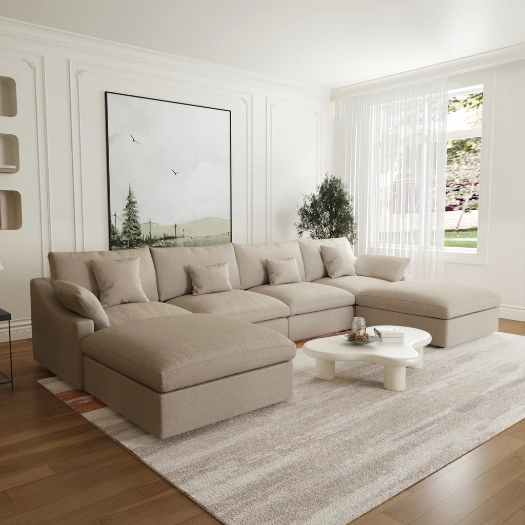 Canapés d'angle Deluxe Slope Cloud | Ensemble de 6 pièces en lin kaki, forme en U, 4 places avec 2 poufs