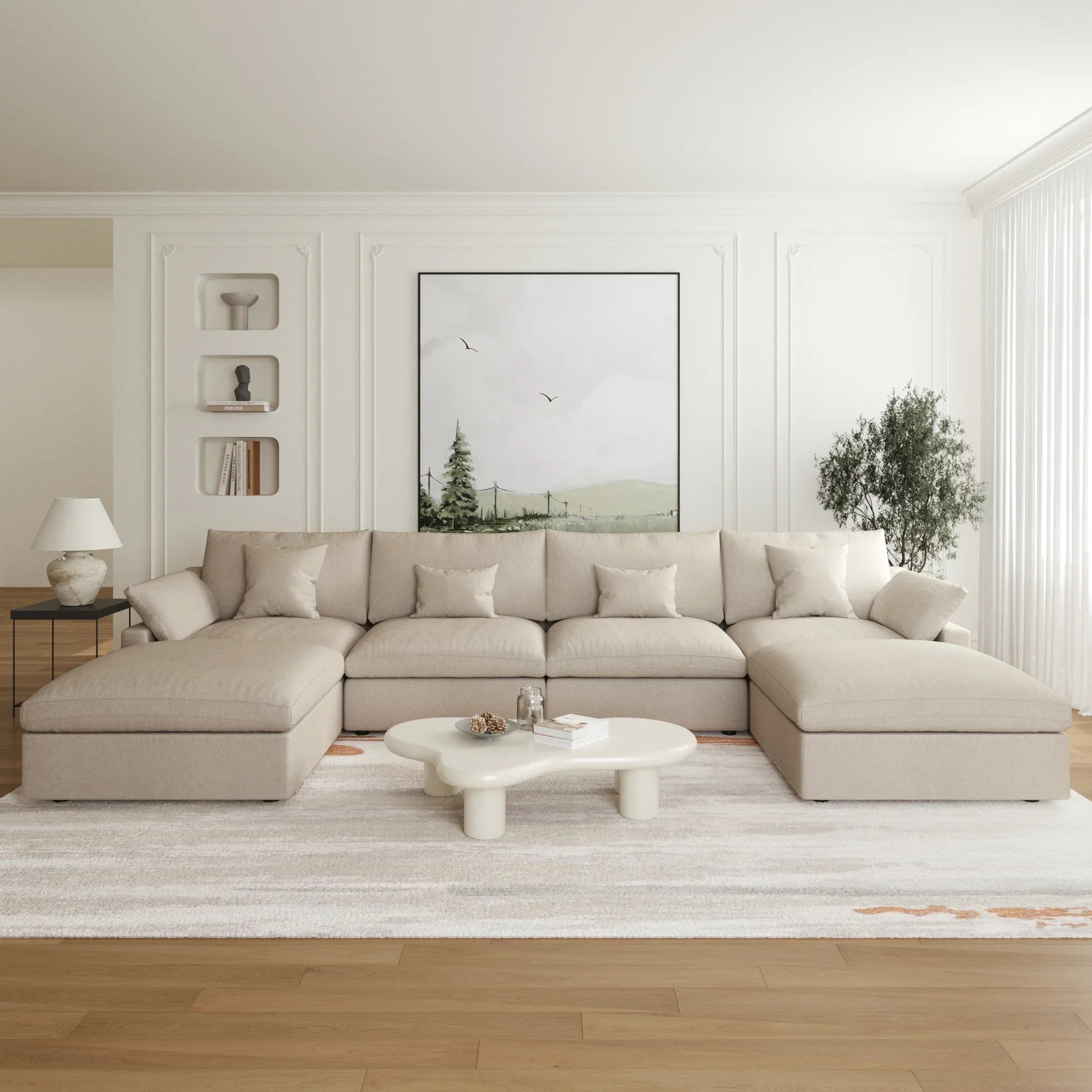 Canapés d'angle Deluxe Slope Cloud | Ensemble de 6 pièces en lin kaki, forme en U, 4 places avec 2 poufs