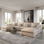 Canapés d'angle Deluxe Slope Cloud | Ensemble de 6 pièces en lin kaki, forme en U, 4 places avec 2 poufs