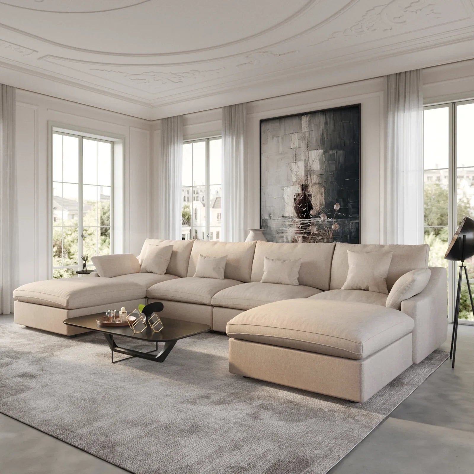 Canapés d'angle Deluxe Slope Cloud | Ensemble de 6 pièces en lin kaki, forme en U, 4 places avec 2 poufs