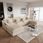 Canapés d'angle Deluxe Slope Cloud | Ensemble de 6 pièces en lin kaki, forme en U, 4 places avec 2 poufs