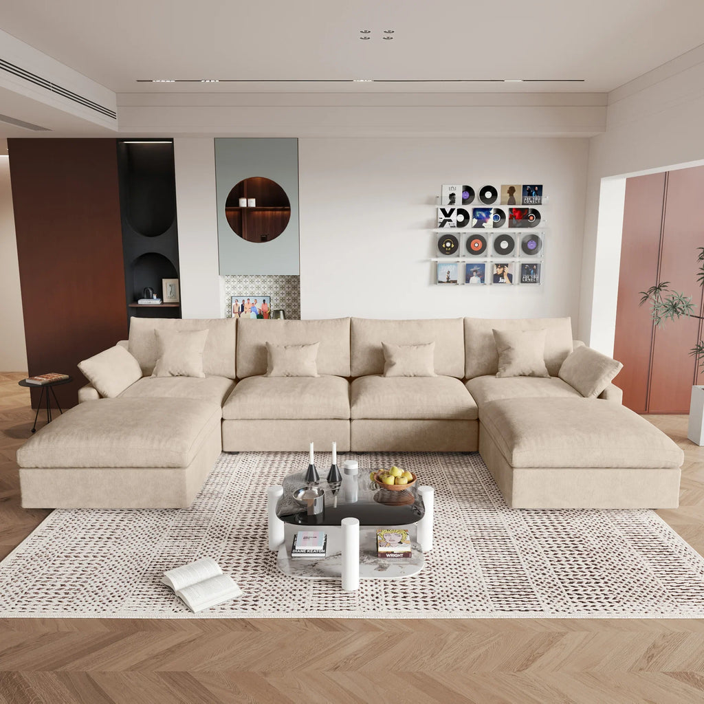 Canapés d'angle Deluxe Slope Cloud | Ensemble de 6 pièces en lin kaki, forme en U, 4 places avec 2 poufs