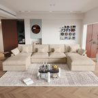 Canapés d'angle Deluxe Slope Cloud | Ensemble de 6 pièces en lin kaki, forme en U, 4 places avec 2 poufs