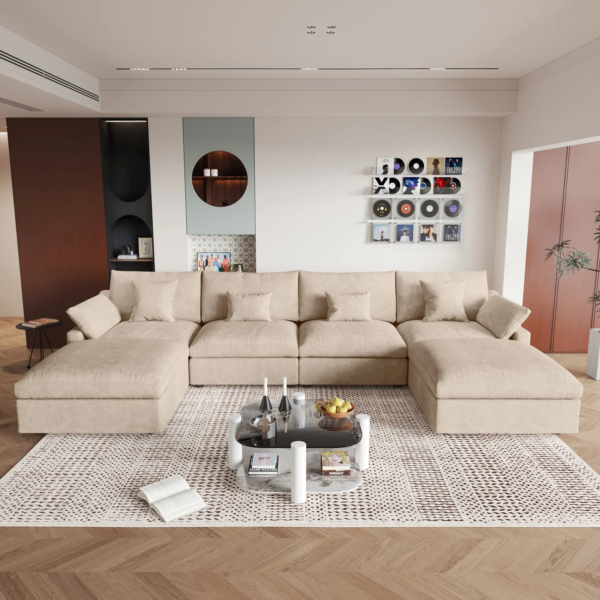 Canapés d'angle Deluxe Slope Cloud | Ensemble de 6 pièces en lin kaki, forme en U, 4 places avec 2 poufs