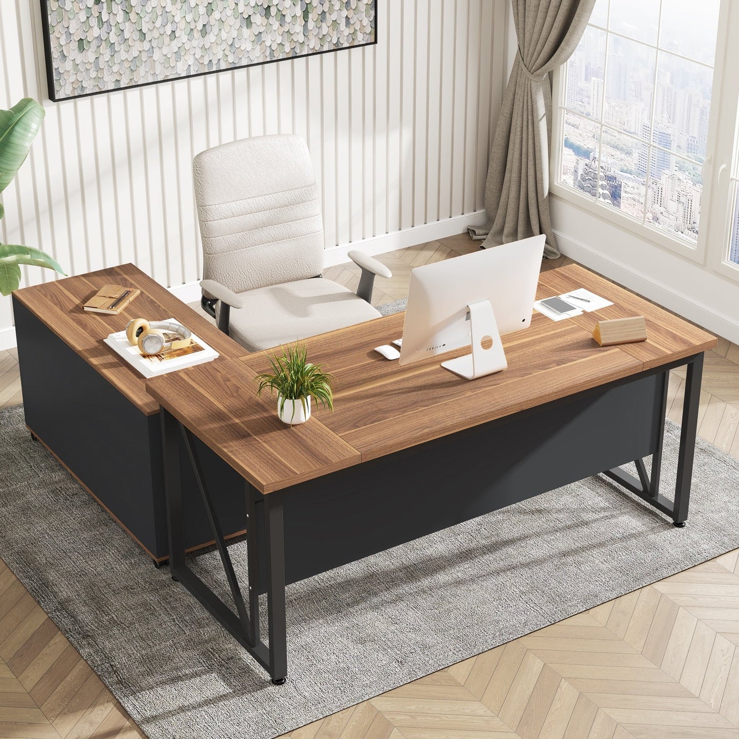 63 L-Shaped Computer Desk with 47 inches Lateral File Cabinet, Executive Desk Home Office Furniture Desk Set