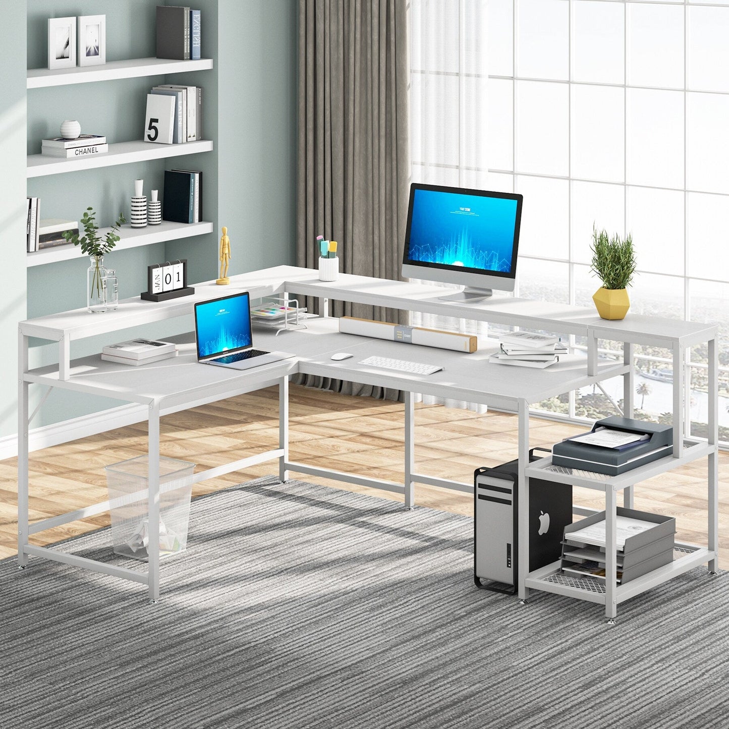 L Shaped Desk with Monitor Shelf, Reversible Corner Computer Desk for Office Home 69