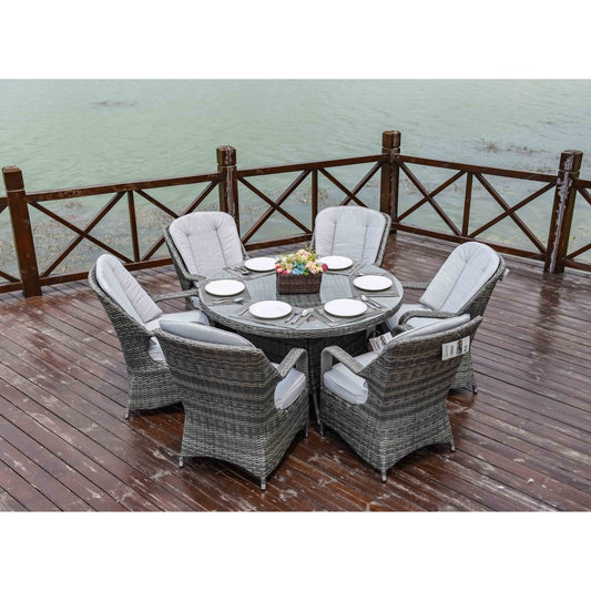 7 Pieces Outdoor Rattan Wicker Patio Round Dining Set with Cushions by Moda Furnishings