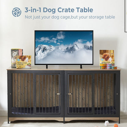 70.86'' Dog Crate Furniture Large Breed TV Stand with Cushion & Double Rooms (No Cushion)
