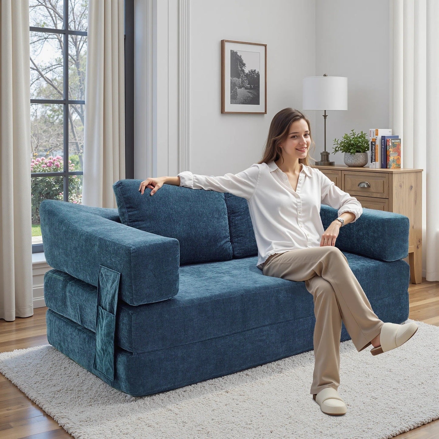 70.87 Upholstered Convertible Sleeper Sofa, Convertible Chair Floor Couch Comfy Sofa for Living Room, Bedroom, Chenille Fabric