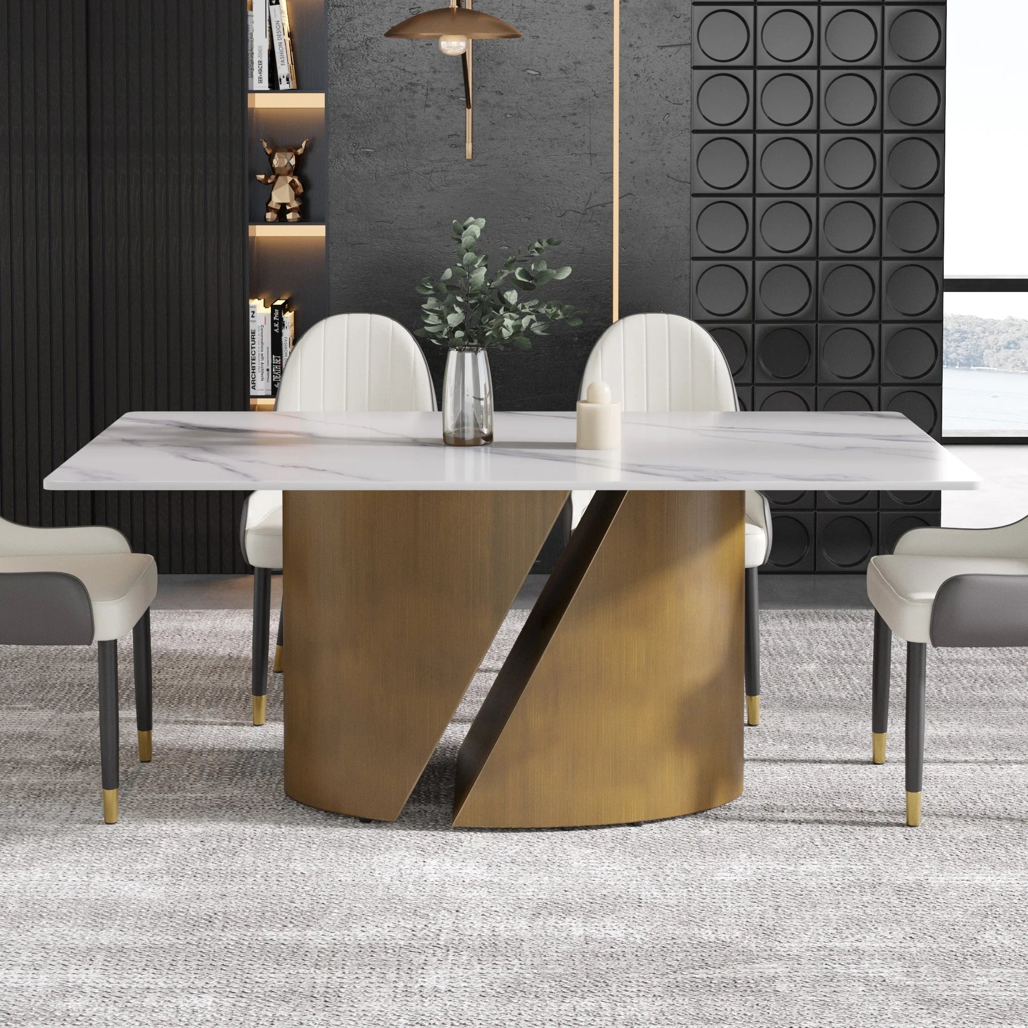 Table de salle à manger Marbella en pierre frittée | Rectangulaire 71 blanc brillant à bords droits