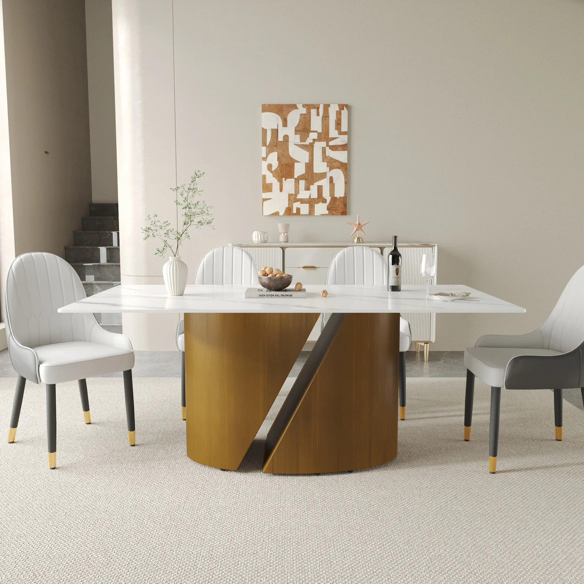 Table de salle à manger Marbella en pierre frittée | Rectangulaire 71 blanc brillant à bords droits