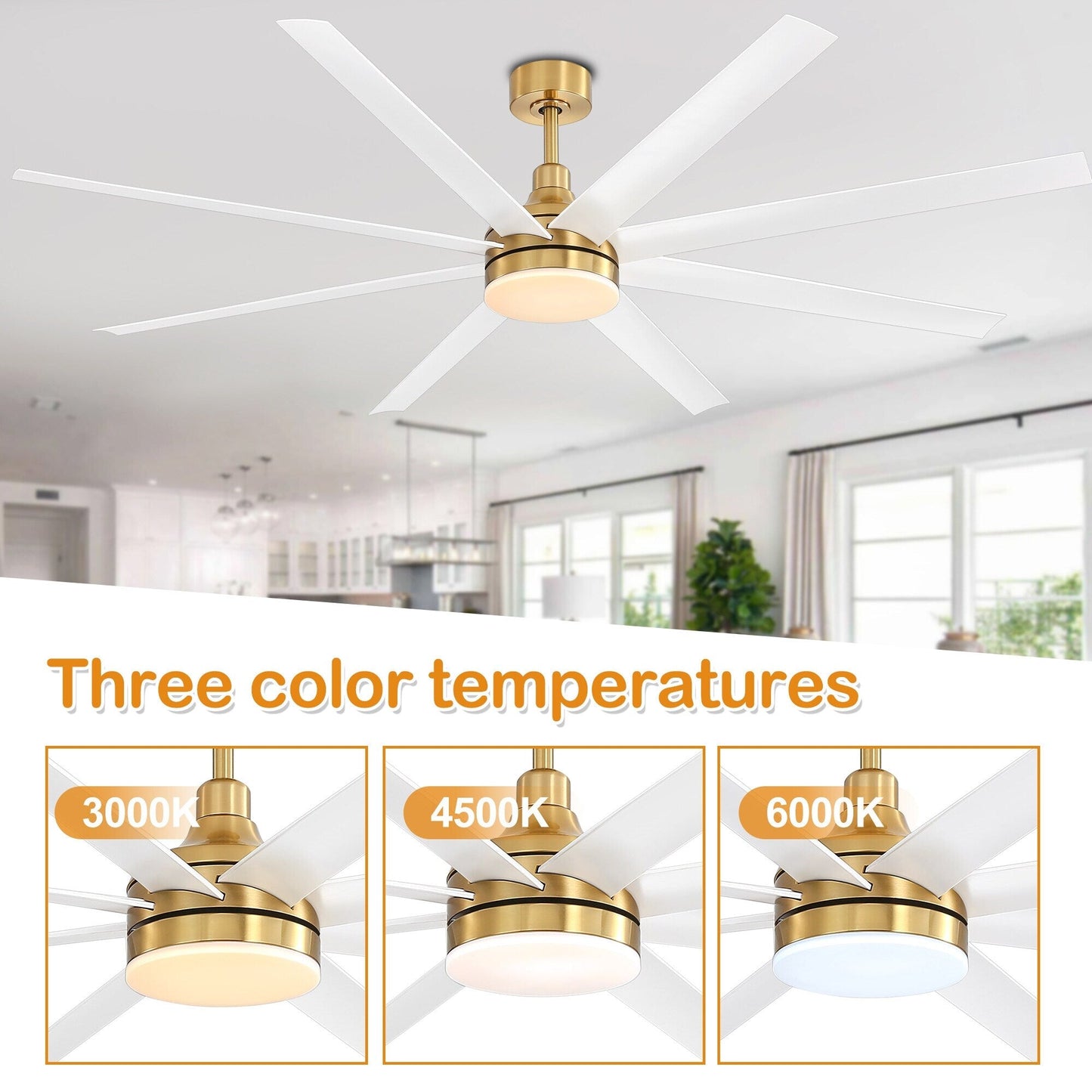 72 Large Ceiling Fans with LED Light Remote Control-8 Blade - 72 Inch