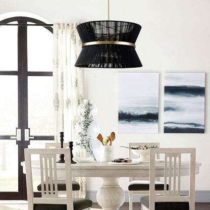 8-Light Modern Boho Large Drum Chandelier 24 inch Fabric Hourglass Hand-woven Chandelier in Gold/ Black for Dining/ Living Room