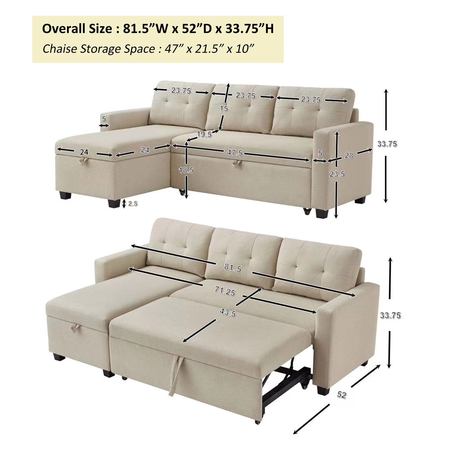 81.5'' Upholstered Convertible 3 Seater Sleeper Sofa with Pull-Out Bed, Reversible Storage Chaise, and Back Cushions