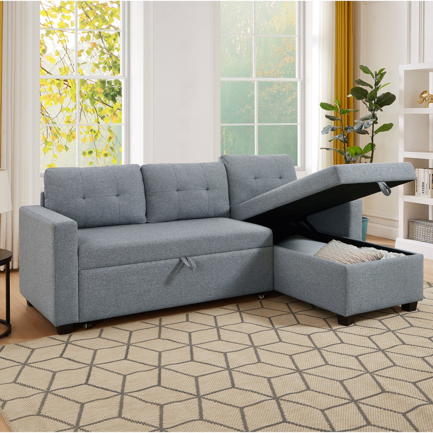 81.5'' Upholstered Convertible 3 Seater Sleeper Sofa with Pull-Out Bed, Reversible Storage Chaise, and Back Cushions