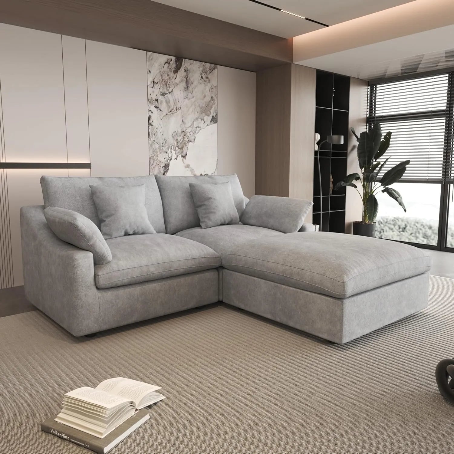 Canapés d'angle Deluxe Slope Cloud | Canapés d'angle 3 pièces en lin gris clair avec méridienne | Design modulaire 80 2 places