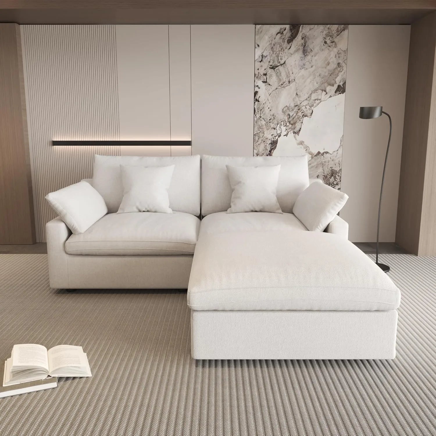 Canapés d'angle Deluxe Slope Cloud | Canapés d'angle 3 pièces en lin blanc avec méridienne | Design modulaire 80 2 places