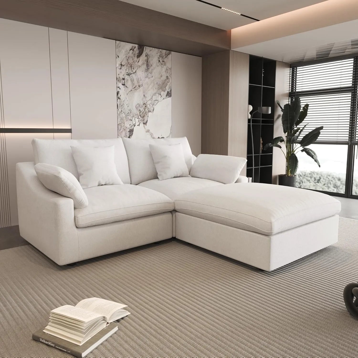 Canapés d'angle Deluxe Slope Cloud | Canapés d'angle 3 pièces en lin blanc avec méridienne | Design modulaire 80 2 places