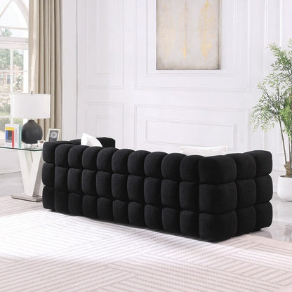 84.3 Luxurious Large Boucle Sofa 3 Seater Marshmallow Upholstered Sofa with 2pc Square Accent Pillows and Square Arm
