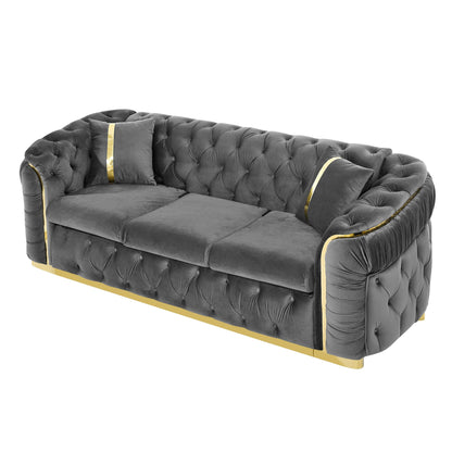 90.6 Velvet 3-Seater Sofa with 2 Pillows High-Density Cushions, Gold Accents, and Pillows