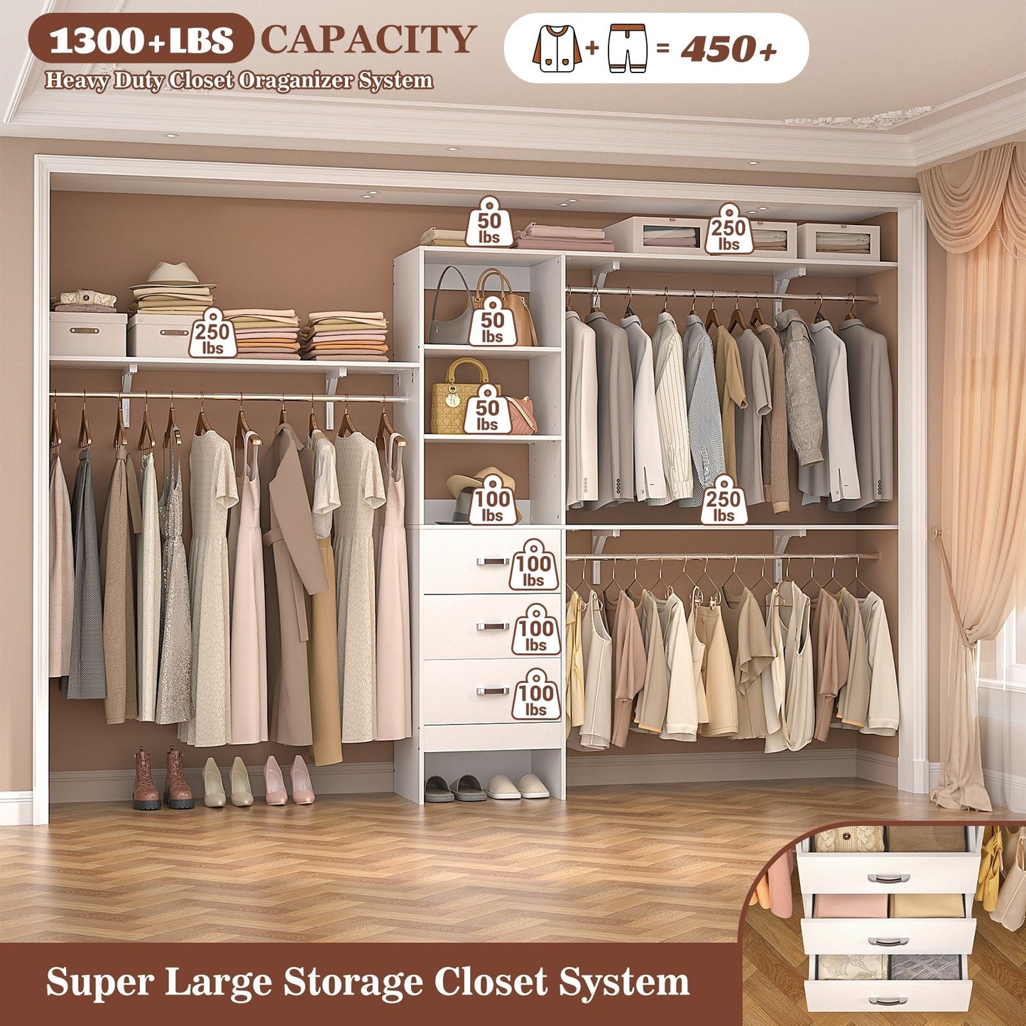 Rackcog 120'' Adjustable Closet Organizer with Drawers, Closet System with DIY Shelves for Reach-in and Walk-in Closet