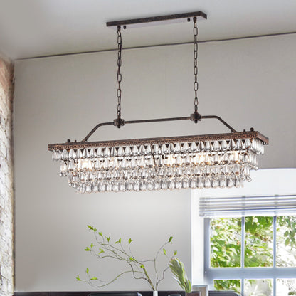 Antique Bronze 6-Light Rectangular Kitchen Island Lighting with Crystal Hanging - Antique Bronze