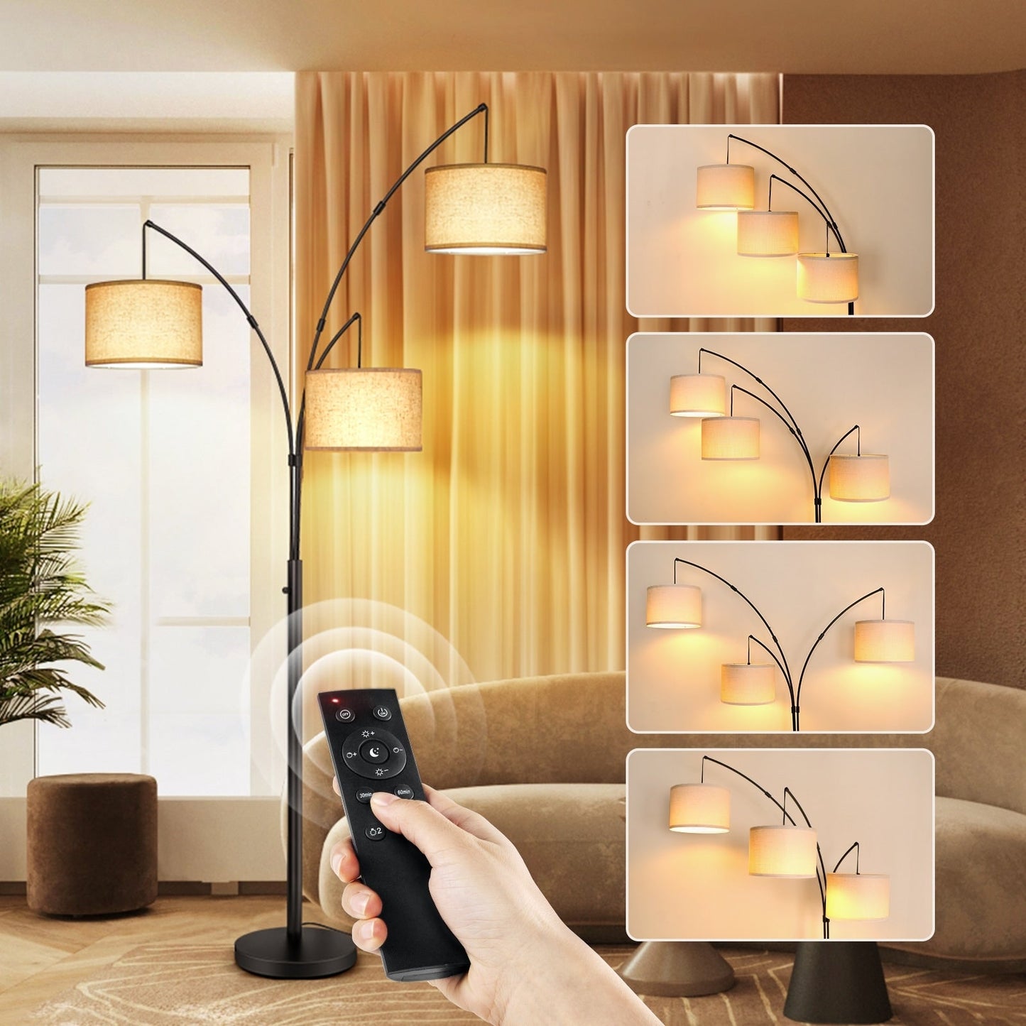 Arc LED Floor Lamp Dimmable Modern Black 3 Light Arched Tall Floor Lamp