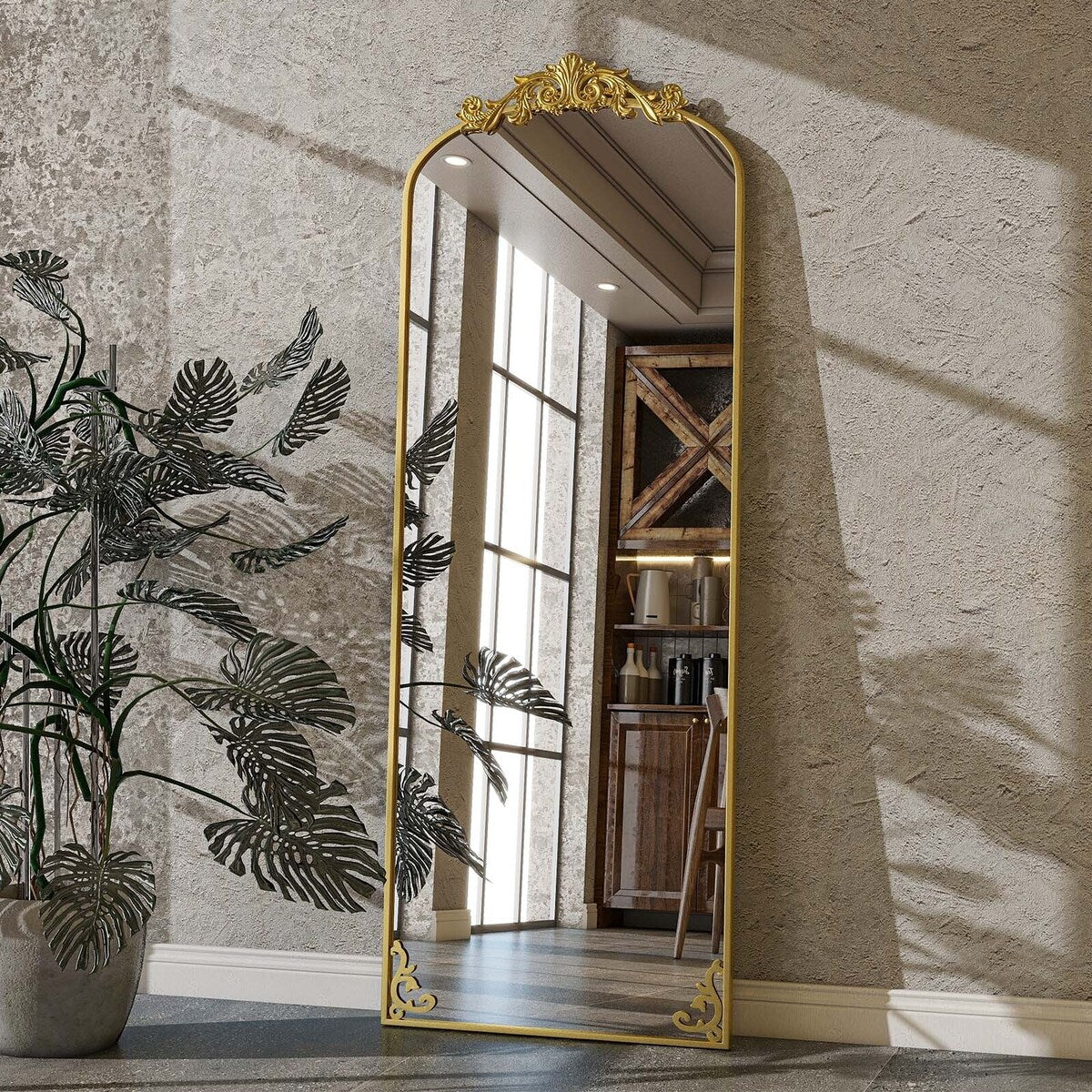 Arched Full Length Mirror with Baroque Flower Design